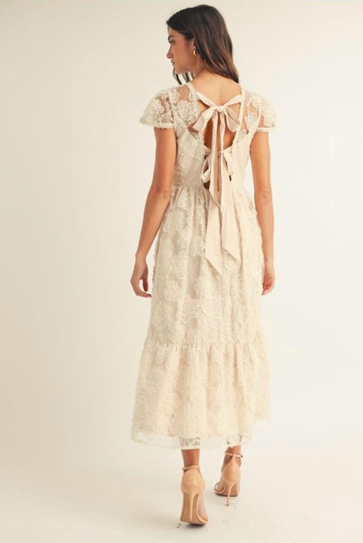 Vestido Midi Encaje Flores Marfil