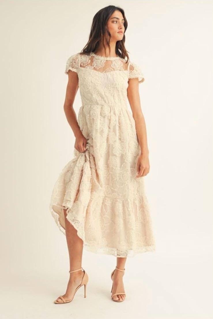 Vestido Midi Encaje Flores Marfil