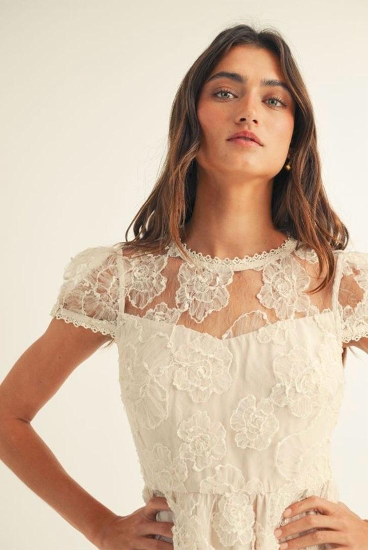 Vestido Midi Encaje Flores Marfil