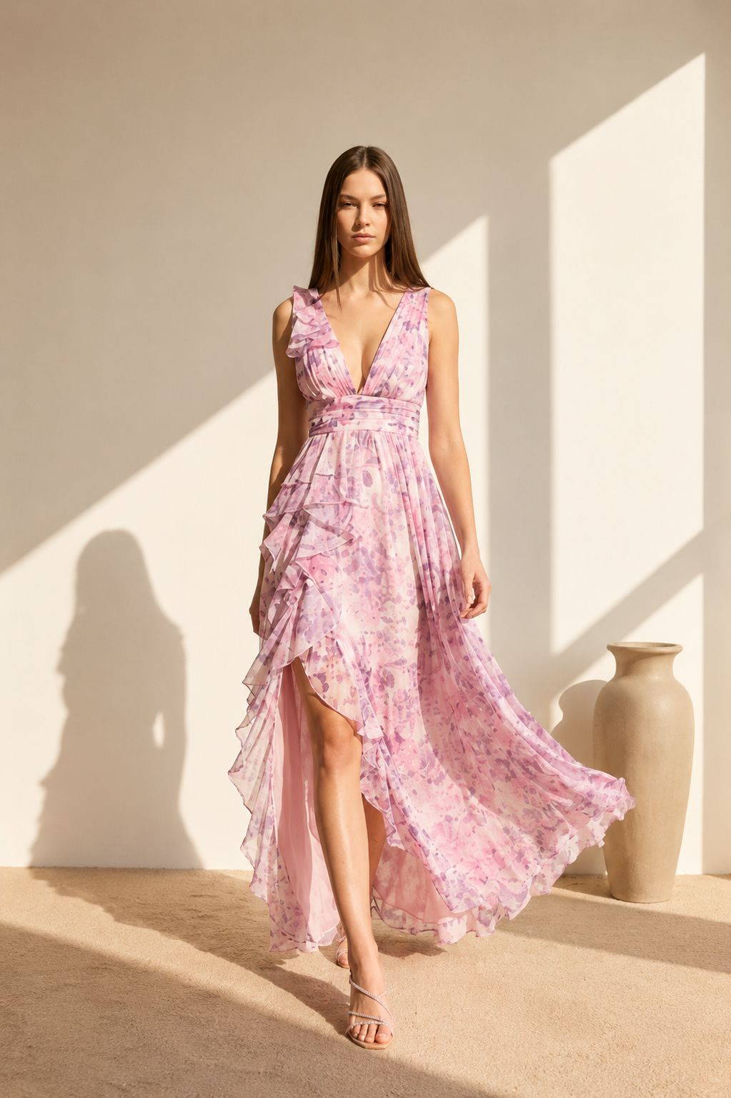 vestido maxxi - Vestido olanes flores rosas