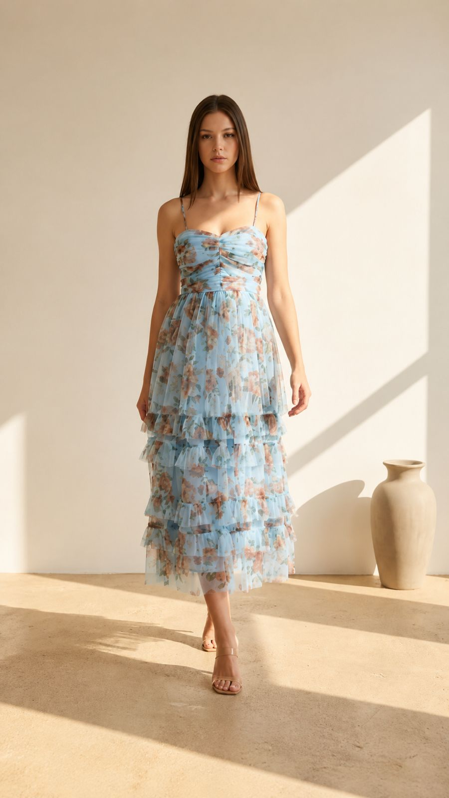 Vestido Midi - Vestido Olanes flores cafes