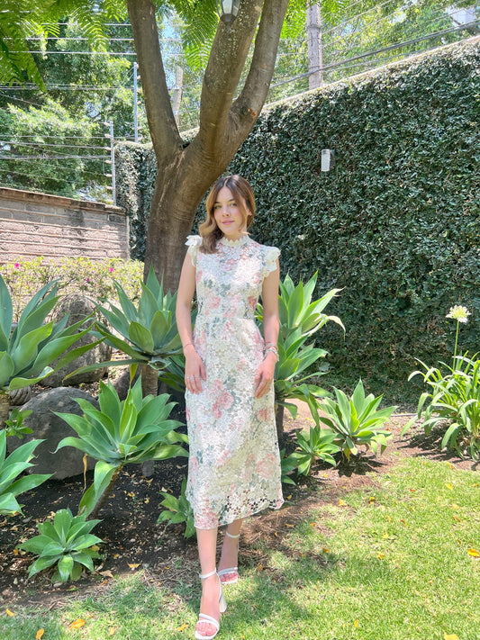 Vestido Midi Beige Flores Rosas